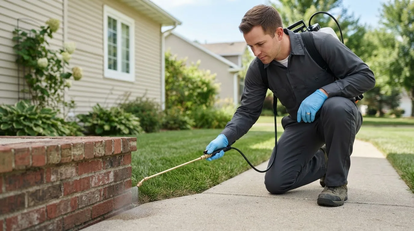 Pest control technician treating a home near Wayland, NY